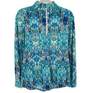 Tribal Sport‎ Athletic UPF Golf Blue Green Abstract Mock Neck 1/4 Zip Pullover S